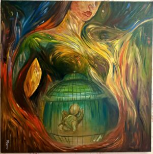 This captivating painting boldly explores the theme of bodily autonomy and reproductive rights. A pregnant woman takes center stage, her form commanding attention, yet it is the artist's striking decision to portray the fetus within what appears to be a jail-like structure that adds layers of complexity to the narrative. This deliberate choice serves as a visual manifesto, echoing the powerful message, "her body, her choice." Oil on Canvas 80 x 80 cm Artist: Ahlam Tanhaei