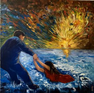 'Resurrection' In a serene ocean scene, vibrant strokes capture a heroic moment. A brave man, painted in bold hues, extends a firm assuring hand to rescue a distressed woman submerged in swirling waters. Symbolic of life's challenges, the painting evokes hope, resilience, and the profound act of saving someone from the depths of adversity. it is Incredible impressionist work by the rising artist Ahlam Tanhaei Oil on Canvas 80 x 80 cm Price: £ 2500 Free Worldwide Shipping