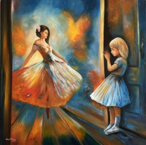 In this captivating work of art, a tender scene unfolds as a little girl gazes with wide-eyed wonder at the ethereal image of her ballerina mother. The delicate interplay of light and shadow casts a mesmerizing dance on the canvas, capturing the essence of a magical moment. The mother's graceful pose, frozen in time, reflects both strength and vulnerability, while the child's innocent fascination adds a touch of poignant beauty. The artist skillfully conveys the silent communication between generations, celebrating the enduring bond between mother and daughter through the language of shadows and the artistry of movement.