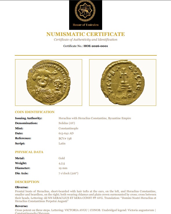 gold Byzantine Solidus of Emperor Heraclius, struck at the Constantinople mint between 610–641 AD