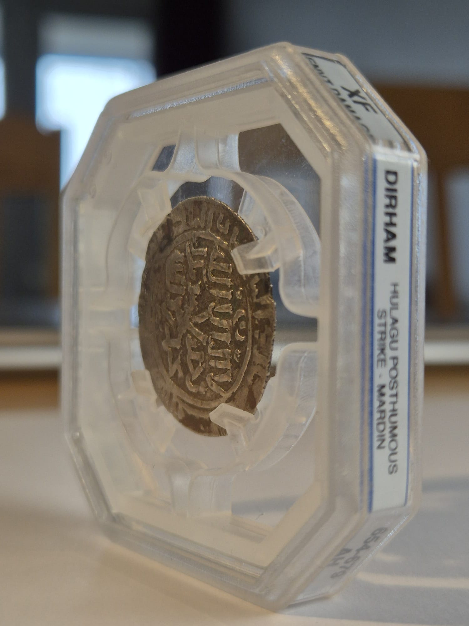 Hulagu Khan coin, Mongol silver dirham, Mardin mint coin, Islamic silver coin, Ilkhanate coin, medieval coin investment, ancient silver dirham, Mongol Empire currency, GENI graded coin Paris, rare Islamic numismatics