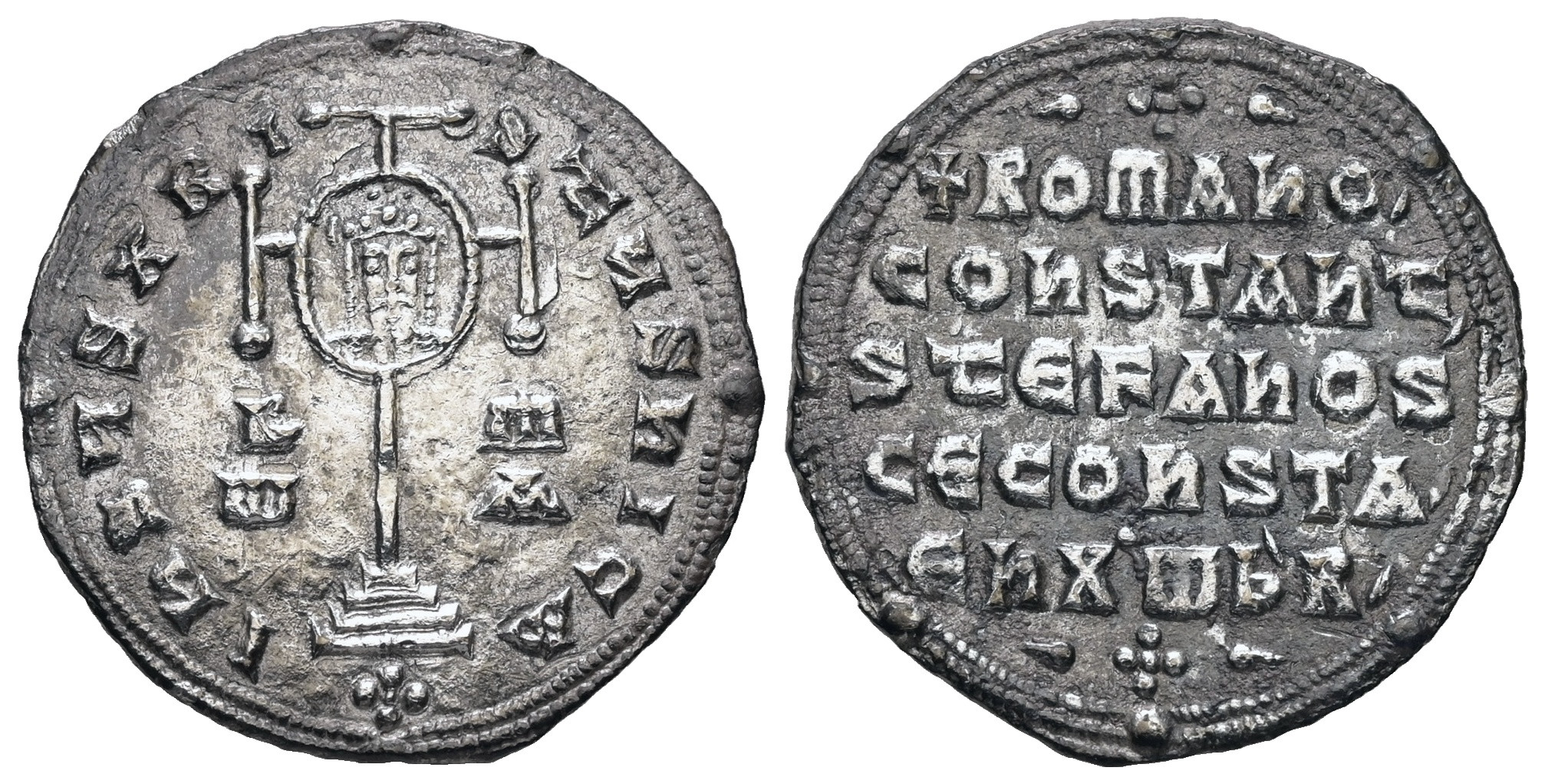 Byzantine Miliaresion, Constantine VII Porphyrogenitus coin, Romanus I Lekapenos coin, Stephen Constantine coin, Constantinople mint coin, Byzantine silver coin, ancient Byzantine currency, medieval coinage, SB 1755 coin, DOC 20 coin, Byzantine empire coin, rare ancient coin, silver miliaresion, Byzantine numismatics, historical coins for sale, ancient coin investment, collectible silver coin, imperial Byzantine coin, cross potent coin, Christian coin Byzantine, Romanus I portrait coin, Constantine VII coin value, ancient silver currency, Byzantine rulers coin, rare coin collectors item, museum quality coin, antique silver coin, Byzantine history artifact, medieval silver money, authentic Byzantine coin